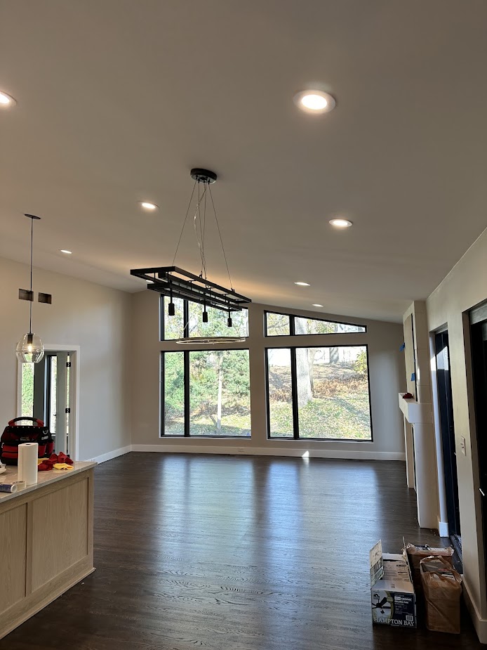 Recessed lighting and fixture installation in an open living room